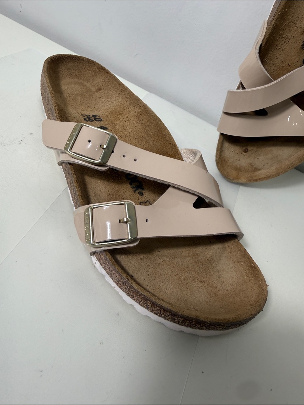 Birkenstock Yao Balance Patent Sand Rose Nude Cross Strap Sandals Sz 40